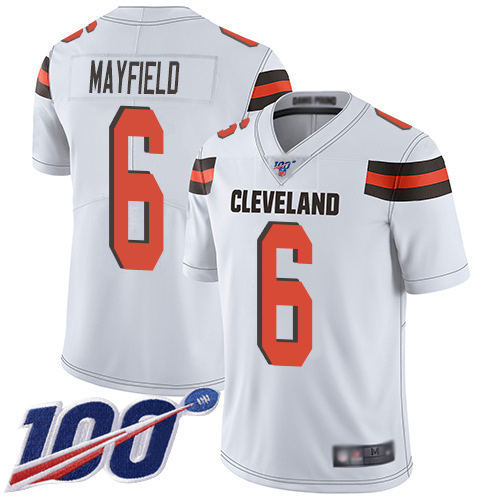 Cleveland Browns Baker Mayfield Men White Limited Jersey #6 NFL Football Road 100th Season Vapor Untouchable